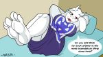  2018 3_toes anthro barefoot bed big_breasts breasts caprine clothing dialogue dress english_text fangs feet floppy_ears foot_focus fur goat hi_res horn looking_at_viewer mammal nasiri_(artist) pillow red_eyes soles speech_bubble text toes toriel undertale video_games white_fur 