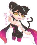  1girl animal_ears aori_(splatoon) black_hair breasts cat_ears cat_tail cleavage collar commentary_request domino_mask earrings extra_ears fangs highres jewelry mask mole mole_under_eye okome_2g2g pantyhose pointy_ears short_jumpsuit solo splatoon_(series) splatoon_1 tail tentacle_hair yellow_eyes 