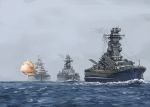  battleship bismarck_(battleship) cannon commentary day highres hozumi_(ouchan) military military_vehicle no_humans ocean real_life scenery ship turret warship watercraft waves yamato_(battleship) 