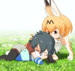  animal_ears animal_tail black_hair blonde_hair cat_ears collar extra_ears eyes_closed flower gloves grass hand_on_another&#039;s_head high-waist_skirt kaban_(kemono_friends) kemono_friends lucky_beast_(kemono_friends) lying outside ribbon robot sat-c serval_(kemono_friends) shirt shorts skirt sleeping smile yellow_eyes 