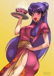 ass bell blush bowl breasts china_dress chinese_clothes commentary double_bun dress eyebrows_visible_through_hair gradient gradient_background hair_bell hair_ornament hand_on_hip large_breasts long_hair looking_at_viewer looking_back open_mouth puffy_short_sleeves puffy_sleeves purple_hair ranma_1/2 sgk shampoo_(ranma_1/2) short_sleeves sidelocks smile solo steam tray 