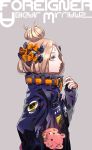  abigail_williams_(fate/grand_order) black_bow black_coat blonde_hair blue_eyes bow character_name commentary_request fate/grand_order fate_(series) from_side grey_background hair_bow hair_bun hand_up heroic_spirit_traveling_outfit highres long_sleeves orange_bow polka_dot polka_dot_bow profile simple_background solo stuffed_animal stuffed_toy teddy_bear tenobe upper_body 