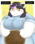  anthro black_hair blush cat catti_(deltarune) clothing deltarune dialogue ear_piercing embarrassed english_text feline female fur goth hair kuroneko_coffee looking_down mammal multicolored_hair no_iris obese overweight overweight_female piercing solo talking_to_viewer text two_tone_hair uniform waiter white_fur yellow_sclera 