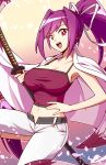  armpits artist_name breasts cherry_blossoms cleavage collarbone commentary crop_top english_commentary eyebrows_visible_through_hair gradient gradient_background hair_ribbon highres jacket_on_shoulders large_breasts leg_up looking_at_viewer lyn_(shunao) magenta_eyes midriff navel open_mouth pants purple_hair ribbon solo sword unbuttoned unbuttoned_pants under_night_in-birth weapon white_pants yuzuriha_(under_night_in-birth) 