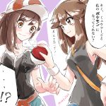  ... 2girls ayumi_(pokemon) bag baseball_cap blue_(pokemon) blush breasts brown_eyes brown_hair closed_mouth commentary dress eyebrows_visible_through_hair hat highres large_breasts long_hair medium_breasts multiple_girls poke_ball pokemon pokemon_(game) pokemon_lgpe ponytail rame short_sleeves shorts signature sketch sleeveless sleeveless_dress smile speech_bubble translated twitter_username wavy_mouth 