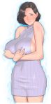  1girl bare_shoulders black_eyes black_hair blush breast_suppress breasts curvy hips large_breasts mature milf short_hair sideboob simple_background solo standing takasugi_kou white_background 