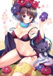  armpits ass_visible_through_thighs bangs bare_shoulders black_bra black_hair black_kimono black_panties blue_ribbon blush bra breasts chestnut_mouth cleavage collarbone commentary_request eyebrows_visible_through_hair fate/grand_order fate_(series) floral_background groin hair_bun hair_ornament hairpin hand_up highres holding japanese_clothes katsushika_hokusai_(fate/grand_order) kimono large_breasts looking_at_viewer masayo_(gin_no_ame) navel no_shoes octopus panties parted_lips purple_eyes ribbon seigaiha seiza shiny shiny_hair short_hair side-tie_panties sitting socks solo strap_slip tatami tokitarou_(fate/grand_order) underwear underwear_only white_legwear wide_sleeves 