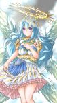  absurdres angel angel_wings blue_hair blush breasts bridal_veil cleavage cowboy_shot dress duku_(hus7788950) feathered_wings gradient gradient_background halo hand_on_own_chest highres large_breasts layered_dress light_blue_hair light_smile looking_at_viewer monster_strike multiple_wings petticoat pleated_skirt purple_eyes raphael_(monster_strike) skirt skirt_hold smile solo standing strapless strapless_dress veil wings 
