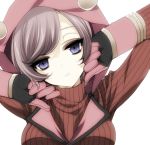  breasts check_artist fake_horns gloves hood hoodie horned_headwear kagari_(pokemon) looking_at_viewer lowres mio_yanagihara pokemon pokemon_(game) pokemon_oras purple_eyes purple_hair ribbed_sweater short_hair solo source_request sweater team_magma team_magma_uniform uniform 