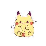  ayu_(mog) biting black_eyes bright_pupils commentary full_body gen_1_pokemon looking_at_viewer motion_lines no_humans pikachu pokemon pokemon_(creature) signature simple_background sitting solo tail tail_biting white_neckwear 