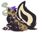  2018 absurd_res anthro black_nose blue_hair brown_fur cigar claws collar digital_drawing_(artwork) digital_media_(artwork) ear_piercing facial_piercing frisky-lime fur hair hi_res hindpaw hyena hypnosis idefix male mammal mephitid mind_control multicolored_fur multicolored_hair nose_piercing nose_ring pawpads paws piercing purple_hair simple_background skunk smoking solo species_transformation spiked_collar spikes spiral_eyes spots spotted_fur spotted_hyena toe_claws transformation white_background 