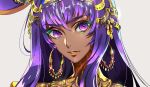  animal_ears commentary_request dark_skin earrings eyelashes eyeshadow fate/grand_order fate_(series) grey_background hoop_earrings jackal_ears jewelry lipstick long_hair looking_at_viewer makeup nitocris_(fate/grand_order) parted_lips portrait purple_eyes purple_hair simple_background smile solo tenobe yellow_lipstick 