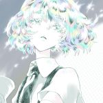  androgynous colored_eyelashes crystal_hair diamond_(houseki_no_kuni) eyebrows_visible_through_hair gem_uniform_(houseki_no_kuni) houseki_no_kuni looking_away multicolored multicolored_eyes multicolored_hair necktie rainbow_eyes rainbow_hair short_hair solo suspenders thick_eyebrows upper_body window 