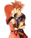  1girl breasts brown_hair commentary_request dress gloves hug jacket jewelry kairi_(kingdom_hearts) kingdom_hearts kingdom_hearts_ii kiss medium_hair necklace ramochi_(auti) red_hair sora_(kingdom_hearts) 