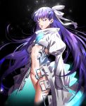  breasts closed_eyes crotch_plate fate/grand_order fate_(series) hair_ribbon highres juliet_sleeves long_hair long_sleeves meltlilith midriff navel puffy_sleeves purple_hair revealing_clothes ribbon sleeves_past_wrists small_breasts spikes tenobe very_long_hair 