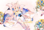  :d animal_ear_fluff animal_ears argyle_cutout asymmetrical_legwear bangs bell blue_ribbon blush breasts bridal_gauntlets brown_eyes cleavage eyebrows_visible_through_hair flower fox_ears fox_girl fox_tail fur_collar hair_between_eyes hair_flower hair_ornament hair_ribbon hand_up japanese_clothes jingle_bell kimono kneehighs long_hair long_sleeves looking_at_viewer medium_breasts open_mouth original pink_flower pink_hair pink_rose ribbon rose single_kneehigh single_thighhigh sitting smile solo tail thighhighs tp_(kido_94) very_long_hair white_kimono white_legwear wide_sleeves 