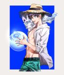  ball beachball blue_background blue_eyes brilliant_summer chest commentary_request cowboy_shot cropped_legs eyewear_on_head fate/grand_order fate_(series) fingernails fou_(fate/grand_order) fujimaru_ritsuka_(male) glasses hat highres holding hood hood_down hooded_jacket jacket long_sleeves looking_at_viewer male_swimwear open_clothes open_jacket pince-nez purple_hair shirtless simple_background smile solo standing straw_hat sunglasses swim_briefs swimwear tenobe 