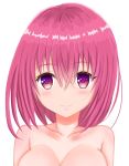  1girl blush breasts eyebrows_visible_through_hair large_breasts long_hair looking_at_viewer momo_velia_deviluke nude out-of-frame_censoring pink_hair poa_mellhen purple_eyes simple_background solo to_love-ru upper_body white_background 