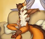  anthro balls canine detailed_background erection fluffy fox fur hair knot looking_at_viewer male mammal nirai_(artist) nude pawpads paws penis pillow precum sofa solo tongue tongue_out window 