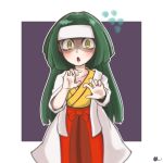  1girl :o artist_request bangs channeler_(pokemon) creatures_(company) game_freak green_hair hairband hakama hands japanese_clothes long_hair looking_at_viewer nintendo npc_trainer pokemon pokemon_(game) pokemon_lgpe solo yellow_eyes 