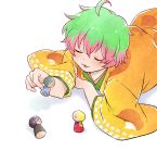  :3 ahoge azmy_(nyanbou) blush character_doll closed_eyes green_hair hanamura_shouma hanten_(clothes) idolmaster idolmaster_side-m japanese_clothes kimono kiyosumi_kurou lying male_focus multicolored_hair nekoyanagi_kirio on_stomach open_mouth pink_hair producer_(idolmaster_side-m) sai_(idolmaster) smile solo wavy_hair 