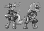  2018 animate_inanimate anthro braixen bulge canine clothed clothing digital_drawing_(artwork) digital_media_(artwork) duo grey_background greyscale grope hat lycanroc male mammal midnight_lycanroc monochrome nintendo pok&eacute;mon pok&eacute;mon_(species) redflare500 rubber shiny simple_background smile standing team_rocket video_games 