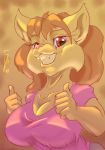  2018 5_fingers anthro big_breasts biped breasts brown_ears brown_eyes brown_fur brown_hair bust_portrait cat cheek_tuft cleavage clothed clothing dark-ahroun-friesian eyebrows eyelashes fangs feline female fur hair looking_at_viewer low-angle_view mammal pink_nose portrait shirt smile solo standing t-shirt teeth thumbs_up tuft 