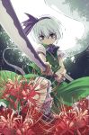  commentary_request flower foreshortening green_eyes green_skirt green_vest hair_between_eyes hair_ribbon highres holding holding_sword holding_weapon katana konpaku_youmu konpaku_youmu_(ghost) looking_at_viewer nunupon0514 outdoors purple_neckwear purple_ribbon red_flower ribbon serious short_hair short_sleeves skirt skirt_set solo spider_lily standing sword touhou vest weapon white_hair 