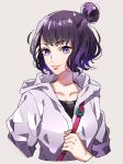  bag black_shirt casual closed_mouth commentary_request cropped_torso eyebrows_visible_through_hair fate/grand_order fate_(series) grey_background grey_jacket hair_bun heroic_spirit_traveling_outfit hood hood_down hooded_jacket jacket katsushika_hokusai_(fate/grand_order) long_sleeves looking_at_viewer purple_hair shirt short_hair shoulder_bag simple_background smile solo tenobe upper_body 
