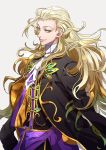  blonde_hair closed_mouth commentary_request fate/grand_order fate_(series) from_side green_eyes grey_background highres jacket long_hair long_sleeves looking_at_viewer male_focus simple_background sleeves_past_fingers sleeves_past_wrists smile solo standing tenobe turtleneck upper_body wolfgang_amadeus_mozart_(fate/grand_order) 