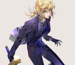  artoria_pendragon_(all) black_gloves black_neckwear blonde_hair collared_shirt commentary_request excalibur eyelashes fate/zero fate_(series) formal gloves green_eyes grey_background grey_shirt hair_between_eyes hair_tie holding holding_sword holding_weapon jacket necktie pant_suit pants parted_lips ponytail purple_jacket purple_pants purple_vest saber shirt simple_background solo standing suit sword tenobe vest weapon wing_collar 