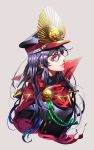 black_hair black_jacket blue_hair cape commentary_request fate_(series) from_side gradient_hair grey_background hat highres jacket koha-ace long_hair long_sleeves looking_at_viewer multicolored_hair oda_nobunaga_(fate) parted_lips peaked_cap red_cape red_eyes sideways_glance simple_background solo tenobe turtleneck upper_body 
