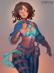  2018 arm_wrap artist_name belt blue_eyes blue_pants bodice borrowed_character braid breasts brooch brown_hair capelet character_name cleavage commentary cowboy_shot cross-laced_clothes dagger dark_skin english_commentary freckles gradient gradient_background hand_on_own_chest high_collar highres jewelry lace-up legs_together lips looking_away looking_to_the_side making_of medium_breasts multiple_belts norasuko nose original pants parted_lips puffy_sleeves sheath sheathed short_hair side_braid solo standing striped striped_legwear thigh_strap vertical-striped_legwear vertical_stripes very_dark_skin weapon 