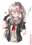  black_gloves black_jacket black_ribbon commentary_request ebifurya eyebrows_visible_through_hair glasses gloves grey_hair grey_sailor_collar hair_between_eyes hair_flaps hair_ribbon highres jacket kantai_collection long_hair looking_at_viewer neck_ribbon one_eye_closed partly_fingerless_gloves pink_hair pointer ponytail red_ribbon remodel_(kantai_collection) ribbon sailor_collar school_uniform serafuku shirt short_sleeves side_ponytail solo twitter_username very_long_hair white_shirt yura_(kantai_collection) 