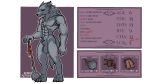  2018 5_fingers abs alpha_channel animal_genitalia anthro balls canine claws digital_media_(artwork) ear_piercing english_text fenrir_(kobold_adventure) fur grey_fur hi_res kobold_adventure mace male mammal melee_weapon nude piercing quitetricky scar sheath simple_background solo standing story story_in_description text transparent_background video_games weapon wolf 
