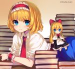  alice_margatroid ascot blonde_hair blue_eyes book bow capelet closed_mouth eyebrows_visible_through_hair hair_bow hairband highres long_hair looking_at_viewer lying marota multiple_girls on_stomach red_bow red_hairband red_neckwear shanghai_doll short_hair smile touhou wrist_cuffs 