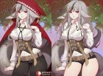  animal_ears belt black_hair breasts cleavage closed_mouth commentary corset fire_emblem fire_emblem_if grey_hair hood hood_up long_hair long_sleeves medium_breasts multicolored_hair pants parted_lips patreon_logo red_eyes short_shorts shorts songjikyo tail two-tone_hair velour_(fire_emblem_if) wolf_ears wolf_tail 