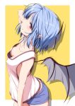  alternate_costume arched_back arm_up bangs bare_arms bare_shoulders bat_wings black_wings blue_hair blue_shorts breasts butt_crack casual collarbone commentary_request cowboy_shot downblouse eyebrows_visible_through_hair from_above from_side hand_in_hair highres jpeg_artifacts looking_at_viewer no_bra nori_tamago petite pointy_ears purple red_eyes remilia_scarlet short_hair short_shorts shorts sleeveless small_breasts solo standing tank_top touhou two-tone_background white_background wings yellow_background 