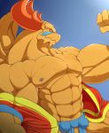  abs anthro biceps big_biceps breath_of_fire broken_(artist) brown_eyes brown_scales brown_skin bulge clothed clothing dragon garr_(breath_of_fire) horn huge_muscles male muscular pecs reptile scales scalie sweat topless triceps video_games wings 