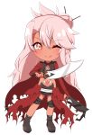  ;) asymmetrical_bangs bangs blush boots brown_footwear chawan_(yultutari) chibi chloe_von_einzbern closed_mouth commentary_request dagger dark_skin dual_wielding eyebrows_visible_through_hair fate/kaleid_liner_prisma_illya fate_(series) full_body hair_between_eyes hair_bun highres holding holding_dagger holding_weapon jacket kanshou_&amp;_bakuya long_hair looking_at_viewer navel one_eye_closed orange_eyes pink_hair red_jacket simple_background smile solo standing stomach_tattoo tattoo very_long_hair weapon white_background 