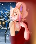  anthro canine clothed clothing collar ear_piercing ei-ka eyes_closed female inside mammal piercing smile snow solo standing watermark 