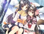  :d animal_ears arm_up bangs black_hair blush bow braid breasts brown_capelet brown_eyes brown_hair commentary_request day eyebrows_visible_through_hair hair_between_eyes hair_bow hair_ribbon hand_on_another's_head hands_on_lap head_tilt japanese_clothes kimono kuon_(utawareru_mono) long_hair long_sleeves looking_at_viewer low-tied_long_hair medium_breasts multiple_girls obi one_eye_closed open_mouth orange_bow orange_ribbon outdoors parted_lips pink_bow red_eyes ribbon rurutie_(utawareru_mono) sash side_braids sitting sleeves_past_fingers sleeves_past_wrists smile snow snow_on_head tail tail_raised tree twin_braids utawareru_mono utawareru_mono:_itsuwari_no_kamen very_long_hair white_kimono wide_sleeves youta 