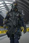  blurry blurry_background body_armor caution_tape cowboy_shot cyberpunk exoskeleton g36 gun helmet highres holster indoors jpeg_artifacts leo837 load_bearing_vest long_sleeves looking_to_the_side mask original pants police power_armor rifle science_fiction solo standing thigh_holster walking weapon 