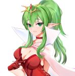  breasts cape chiki cleavage commentary_request ei1han fire_emblem fire_emblem:_kakusei gloves green_eyes green_hair long_hair mamkute medium_breasts parted_lips pointy_ears ponytail red_gloves simple_background solo tiara twitter_username upper_body v white_background 