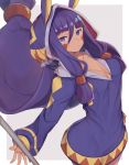  animal_hood blue_eyes breasts cleavage collarbone dark_skin dress eyebrows_visible_through_hair facial_mark fate/grand_order fate_(series) floating_hair grey_background hair_between_eyes hair_ornament hand_on_hip hood leaning_back long_hair long_sleeves low-tied_long_hair medium_breasts nitocris_(fate/grand_order) ponytail purple_hair purple_sweater solo standing sweater sweater_dress totatokeke very_long_hair 