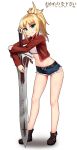  artist_logo artist_name belt blonde_hair boots clarent commission cowfee cropped_jacket cutoffs eyebrows_visible_through_hair fate/apocrypha fate_(series) full_body green_eyes groin highres jacket leaning_forward long_hair long_sleeves micro_shorts midriff mordred_(fate) mordred_(fate)_(all) navel ponytail red_jacket shorts simple_background smile solo standing sword v-shaped_eyebrows weapon white_background 