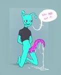  alien big_penis bottomless centauri_(himeros) clothed clothing dialogue green_skin himerosthegod male penis pink_penis precum shirt shy simple_background solo unusual_penis 