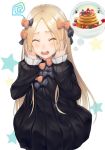  :d ^_^ abigail_williams_(fate/grand_order) bangs banned_artist black_bow black_dress blonde_hair blush bow closed_eyes commentary_request dress fate/grand_order fate_(series) food forehead hair_bow hands_on_own_face kyoeiki long_hair open_mouth orange_bow pancake parted_bangs polka_dot polka_dot_bow ribbed_dress smile solo thought_bubble white_background 