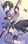  absurdres black_hair boots bow brown_eyes covered_navel fate/kaleid_liner_prisma_illya fate_(series) gae_bolg hair_bow hair_ornament highres holding holding_spear holding_weapon kaerude123 leotard long_hair looking_at_viewer magical_girl miyu_edelfelt parted_lips polearm purple_legwear purple_leotard shiny shiny_hair showgirl_skirt solo spear thighhighs twintails weapon white_bow white_footwear x_hair_ornament 