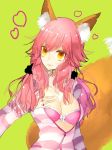  animal_ears breasts cleavage collarbone fate/grand_order fate_(series) fox_ears fox_tail green_background hair_between_eyes heart highres jacket large_breasts long_hair looking_at_viewer open_clothes open_jacket partially_unzipped pink_bikini_top pink_hair pink_jacket shiny shiny_hair sketch smile solo striped_jacket tail tamamo_(fate)_(all) tamamo_no_mae_(swimsuit_lancer)_(fate) tsuyudakudakunarin upper_body yellow_eyes 